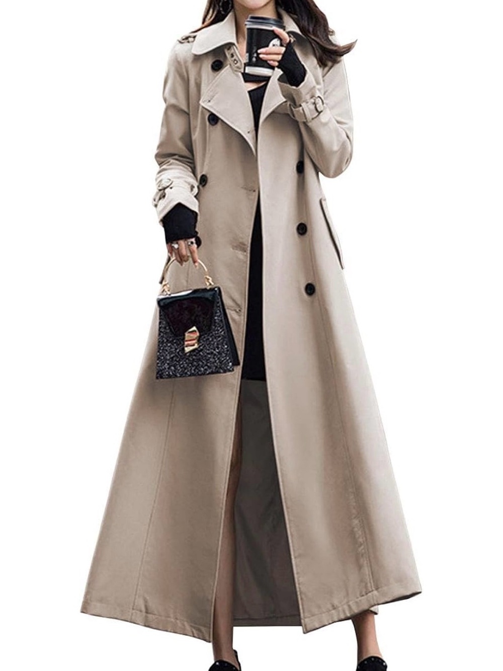 Long Double-Breasted Trench Coat in Light Khaki
